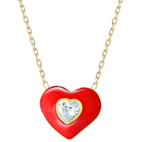 Y2K Red Enamel Heart Pendant Necklace 18k YGP Sterling Silver 16.5”Dainty Charm - Picture 3 of 5